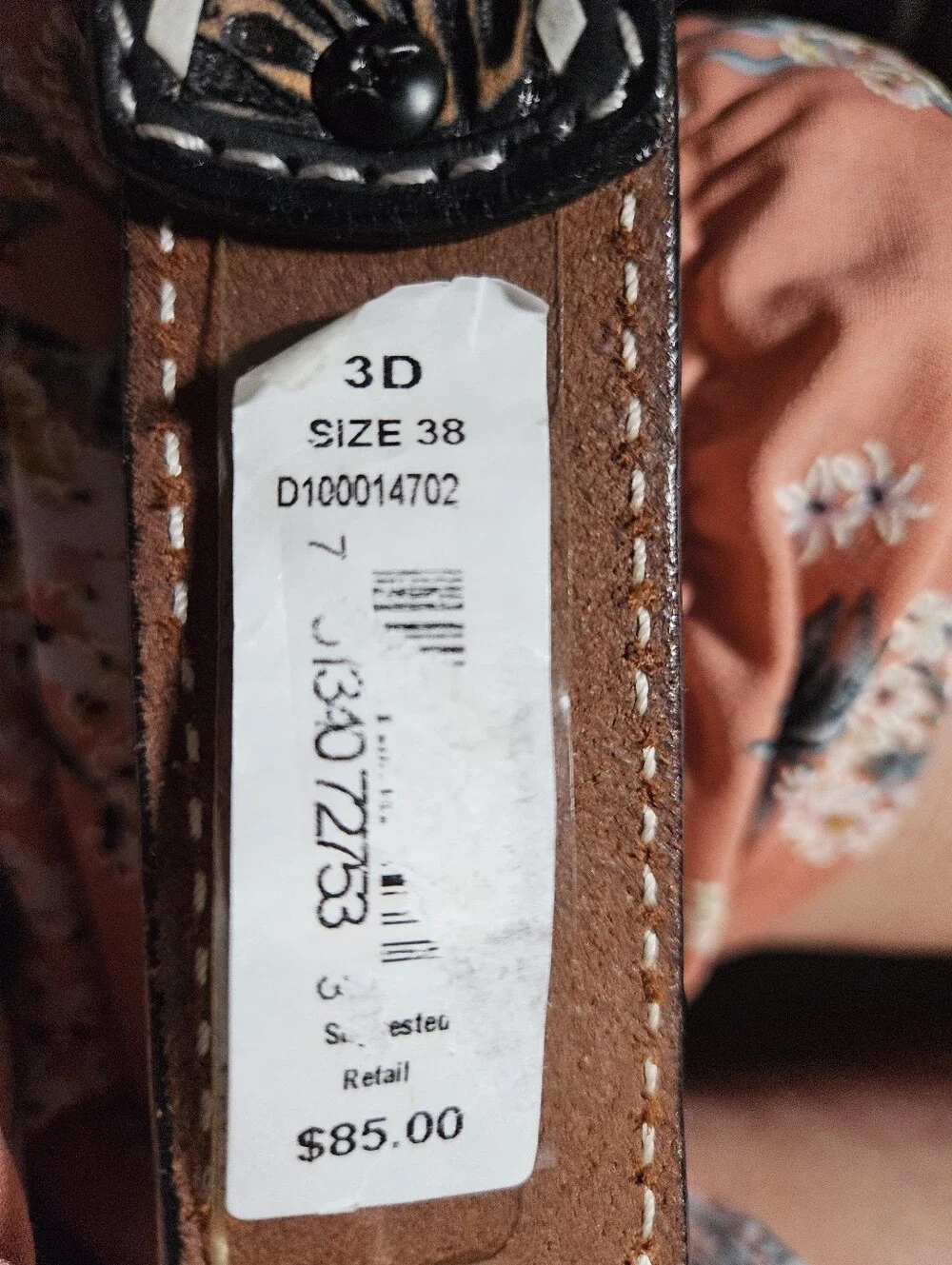 3D Belt Co. Men's Floral Tooled Buckstitch Leather Western Belt - NWOT Size 38